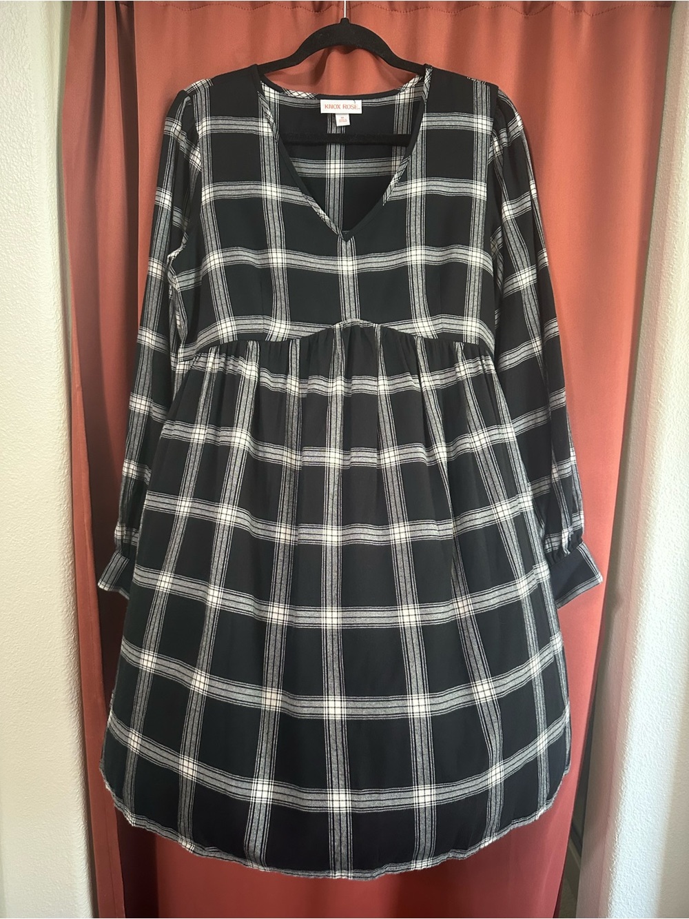 Knox Rose Black & White Plaid Long Sleeve Babydoll Dress Women’s Size M